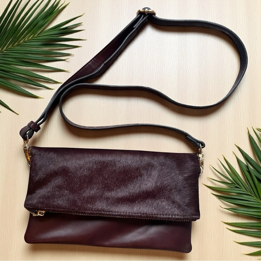 La Diva Brown Leather Crossbody Bag โ Haircalf Flap, Striped Interior